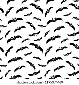 Flying Halloween bats seamless repeat pattern. Great for spooky holiday wallpaper, backgrounds, invitations, packaging design projects. Surface pattern design.