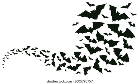 Flying halloween bats silhouettes. Bats flock flying wave, vampire flying winged spooky animals vector background illustration. Creepy halloween bats flock, winged bat black, animal vampire