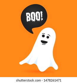 Flying halloween funny spooky ghost character say BOO with text space in the speech bubble vector illustration isolated on orange background