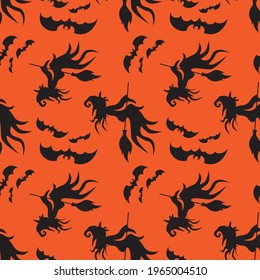 Flying halloween witch and bats on orange background seamless pattern. Vector illustration.