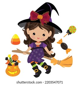 Flying Halloween witch girl vector cartoon illustration