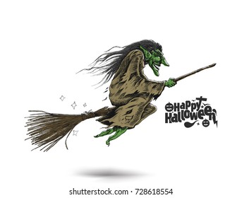 Flying Halloween Witch, Hand Drawn Sketch Vector illustration.