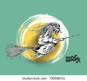 Flying Halloween Witch, Hand Drawn Sketch Vector illustration.