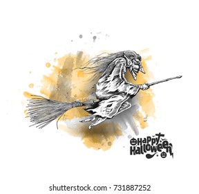 Flying Halloween Witch, Hand Drawn Sketch Vector illustration.
