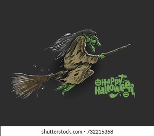 Flying Halloween Witch, Hand Drawn Sketch Vector illustration.

