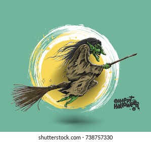 Flying Halloween Witch, Hand Drawn Sketch Vector illustration.
