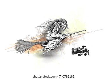 Flying Halloween Witch, Hand Drawn Sketch Vector illustration.