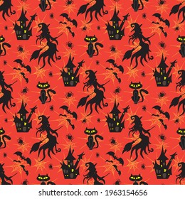 Flying halloween witch shape, cat, castle, moon, spiders and bats on orange background. Vector illustration.