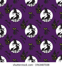 Flying halloween witch shape, cat, castle, moon and bats on violet background. Vector illustration.