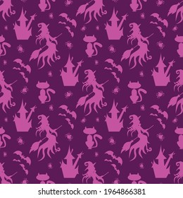 Flying halloween witch shape, cat, castle, moon, spiders and bats on violet background. Vector illustration.