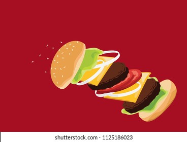 Flying Hamburger ads, ingredients vector on red background