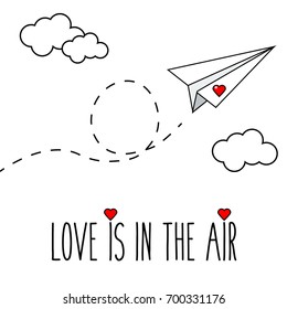 Flying hand drawn paper plane with heart. Romantic, valentine card. Printable illustration.