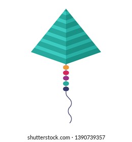 Flying handle kite for outdoor fun games and beach activities in flat design. Colorful kids flying toy single icon isolated on white background.