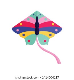 Flying handle kite for outdoor fun games and beach activities in flat design. Colorful kids flying toy single icon isolated on white background.