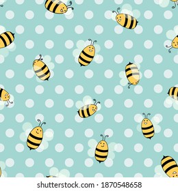 Flying happy bees, flat design cute vector illustration over sky bue polka dot background, seamless pattern.	