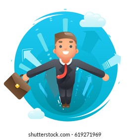 Flying happy cute superhero businessman character growth success infographic arrows background design vector illustration