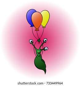 Flying happy funny alien are flying on balloons with best wishes. Original illustration to holidays and congratulations.