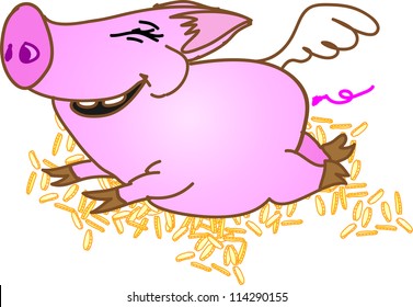 Flying happy pig with wings