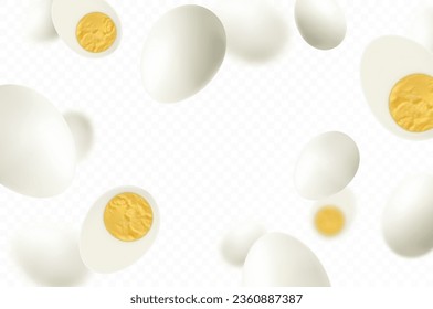 Flying hard boiled eggs , isolated on white background. Falling tasty boiled chicken egg, whole and slices. Can be used for advertising, packaging, banner, poster, print. Realistic 3d vector