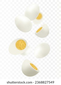 Flying hard boiled eggs , isolated on white background. Falling tasty boiled chicken egg, whole and slices. Can be used for advertising, packaging, banner, poster, print. Realistic 3d vector