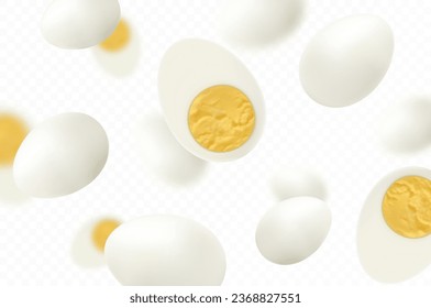 Flying hard boiled eggs , isolated on white background. Falling tasty boiled chicken egg, whole and slices. Can be used for advertising, packaging, banner, poster, print. Realistic 3d vector