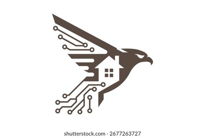 Flying Hawk con línea de circuito digital y logotipo de la casa para bienes raíces, hogar inteligente o propiedad tecnológica Diseño de iconos de negocios