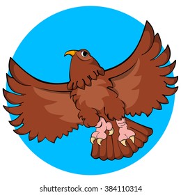 Flying hawk with wide spread wings on a blue round label. Vector illustration.