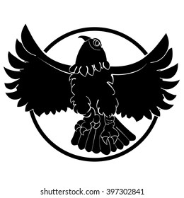 Flying hawk with wide spread wings. Vector illustration. Black silhouettes technique drawing.