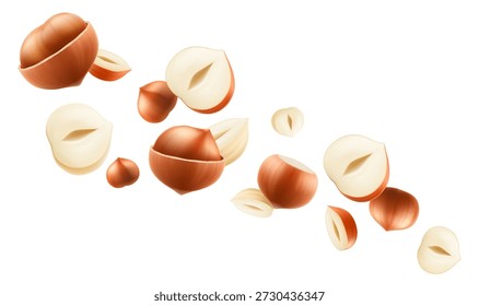 Flying hazelnut, isolated on transparent background, selective focus. Flying hazelnut with blurry effect. Can be used for advertising, packaging, banner, poster. Realistic 3d vector illustration