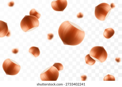 Flying hazelnut, isolated on transparent background, selective focus. Flying hazelnut with blurry effect. Can be used for advertising, packaging, banner, poster. Realistic 3d vector illustration