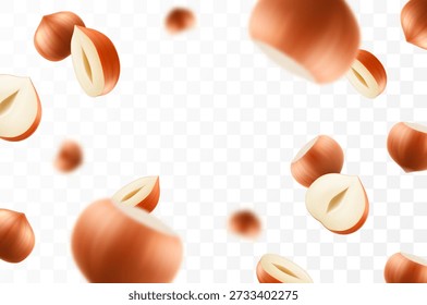 Flying hazelnut, isolated on transparent background, selective focus. Flying hazelnut with blurry effect. Can be used for advertising, packaging, banner, poster. Realistic 3d vector illustration