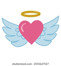 Flying Heart Angel Love with Wings. Pink Heart with Blue Wings and Golden Ring illustration.