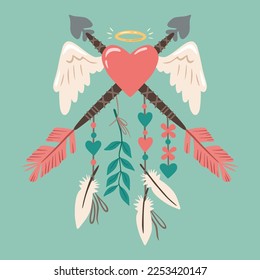 A flying heart with angel wings, a halo and arrows. Illustration for Valentine's day. Cute romantic illustration. Cartoon style. Design element for a greeting card, invitation, print and sticker.
