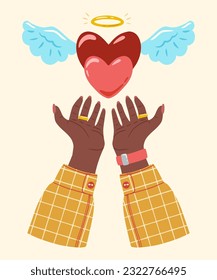 A flying heart with angel wings in hands. Heart in female hands. Design of element for greeting card, invitation, print, sticker. Illustration for valentine's day.	
