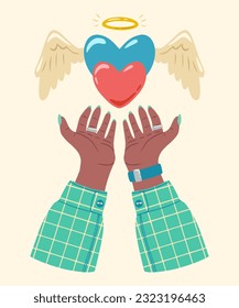 A flying heart with angel wings in hands. Heart in female hands. Design of element for greeting card, invitation, print, sticker. Illustration for valentine's day.