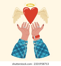 A flying heart with angel wings in hands. Heart in female hands. Design of element for greeting card, invitation, print, sticker. Illustration for valentine's day.