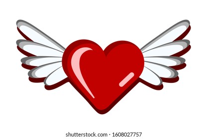 Flying heart with angel wings. Winged red heart for postcard, website, wedding invitation, flyer, brochure. Saint Valentine’s Day. Concept of love. Romantic logo. Vector illustration isolated on white