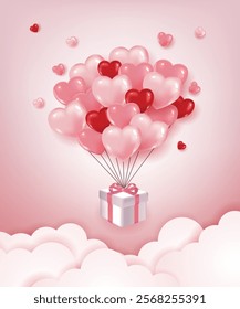 Flying heart balloon with gift box on cloud