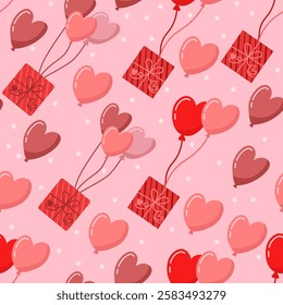 Flying heart balloon gift for Valentine's Day greeting seamless pattern.