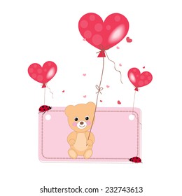 Flying heart balloon with teddy bear and ladybird background 