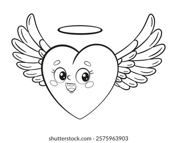 Flying heart character with wings and halo doodle style Hand drawn black and white isolated logo cute flying heart. Angel heart with wings for web graphic design Coloring page Vector illustration