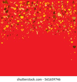 Flying heart confetti. Vector illustration for holiday design. Many flying golden hearts on red background. For wedding card, valentine day greetings, lovely frame.