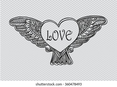 flying heart. Hand drawing illustration.