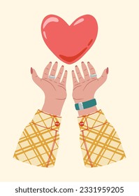A flying heart in hands. Heart is in female hands. Design of element for greeting card, invitation, print, sticker. Illustration for valentine's day.