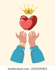 A flying heart in hands. Heart is in male hands. Design of element for greeting card, invitation, print, sticker. Illustration for valentine's day.