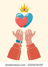 A flying heart in hands. Heart is in male hands. Design of element for greeting card, invitation, print, sticker. Illustration for valentine's day.