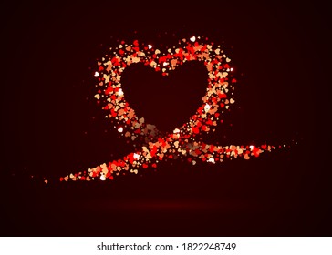 Flying heart made of red and pink bright confetti. Vector illustration.