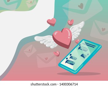 Flying heart on a mobile phone Vector cartoon style.