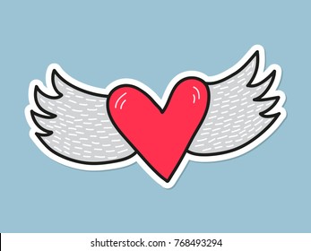 Flying heart. Romantic element. Drawn cute illustration. Ready-to-print design template. Clothes badge,icon,logo,banner,tag. Vector illustration.