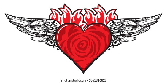 Flying heart with rose pattern. Vector graphic illustration of red heart with white wings in a fire on a light background. Suitable for valentine card, t-shirt design, tattoo, sticker, design element